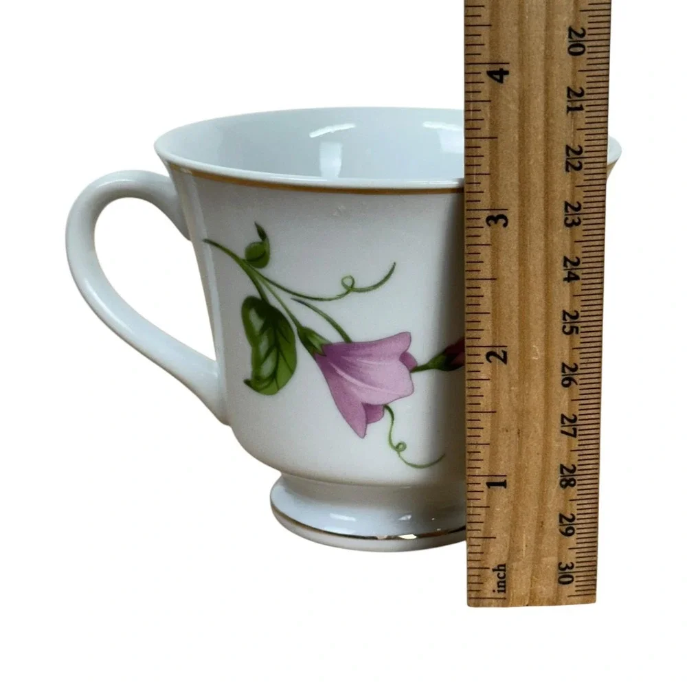 Teleflora Porcelain Tea Cup Saucer Set Pink Morning Glory Floral‎ Gold Trim